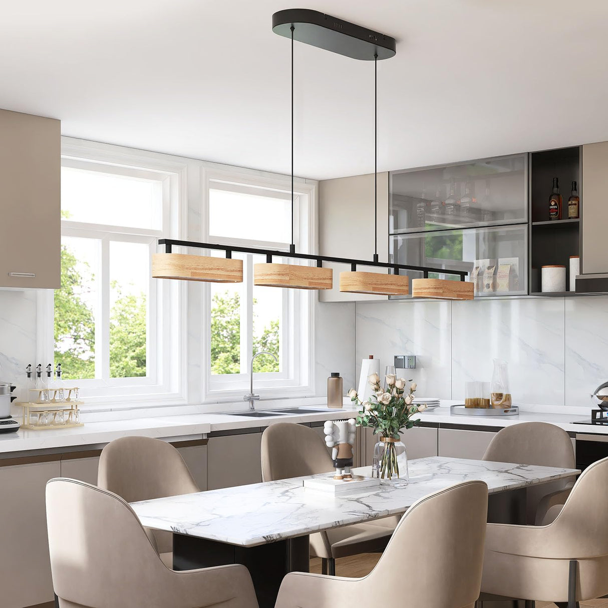 Glimchase 43.3" Linear Island Lights for Kitchen, 32W Wood Chandeliers for Dining Room, LED Rustic Dimmable Lighting Fixture for Farmhouse, 4-Light Pendant Lights for Kitchen Island Over Table Glimchase