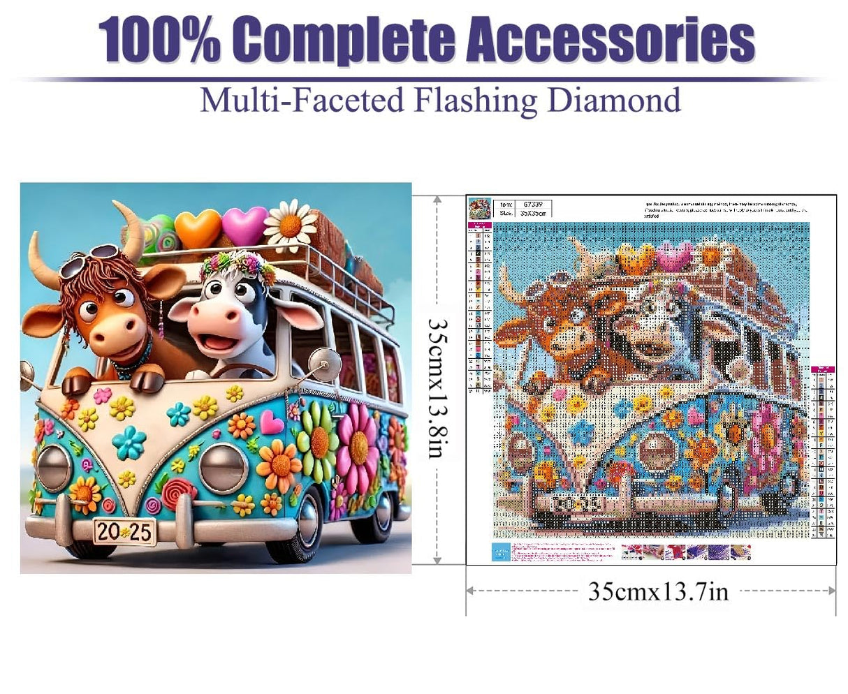 uuxsretaio Cow Diamond Painting Kits for Adults, Bus Diamond Art Kits for Adults Beginner, Adult Diamond Art, DIY Easy Full Drill Diamond Dots Paintings for Home Wall Decor 14X14 Inch uuxsretaio