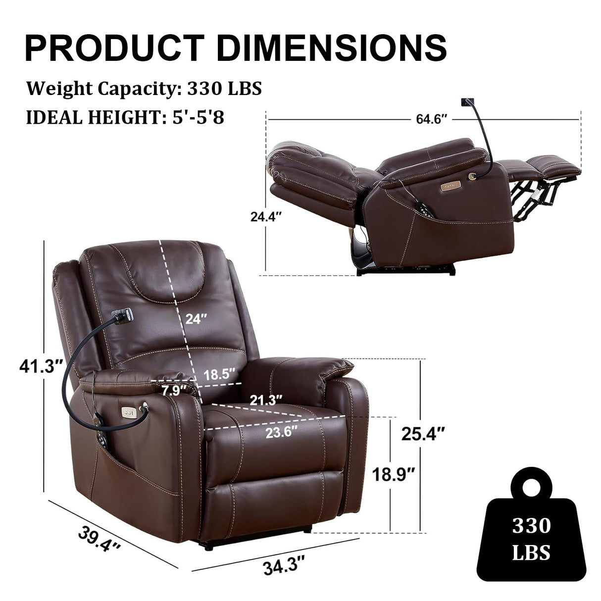 SoarTalent Zero Gravity Power Recliner Chairs for Adults 139°Single Sofa Chair Massage and Lumbar Heating with USB Port, Phone Holder, Side Pocket, Eco Leather(Brown) SoarTalent
