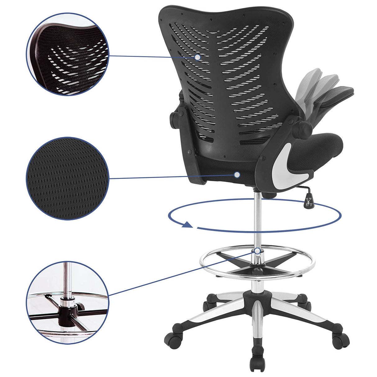 Modway Charge Drafting Chair - Reception Desk Chair - Drafting Stool with Flip-Up Arms in Vinyl, Black Modway