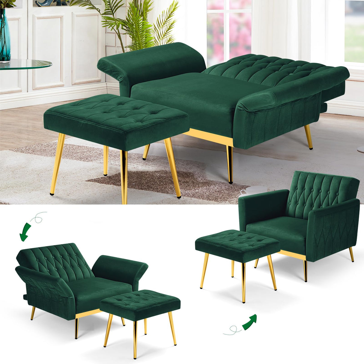 ACMEASE Velvet Accent Chair with Adjustable Armrests and Backrest, Button Tufted Lounge Chair, Single Recliner Armchair with Ottoman and Pillow for Living Room, Bedroom, Green ACMEASE
