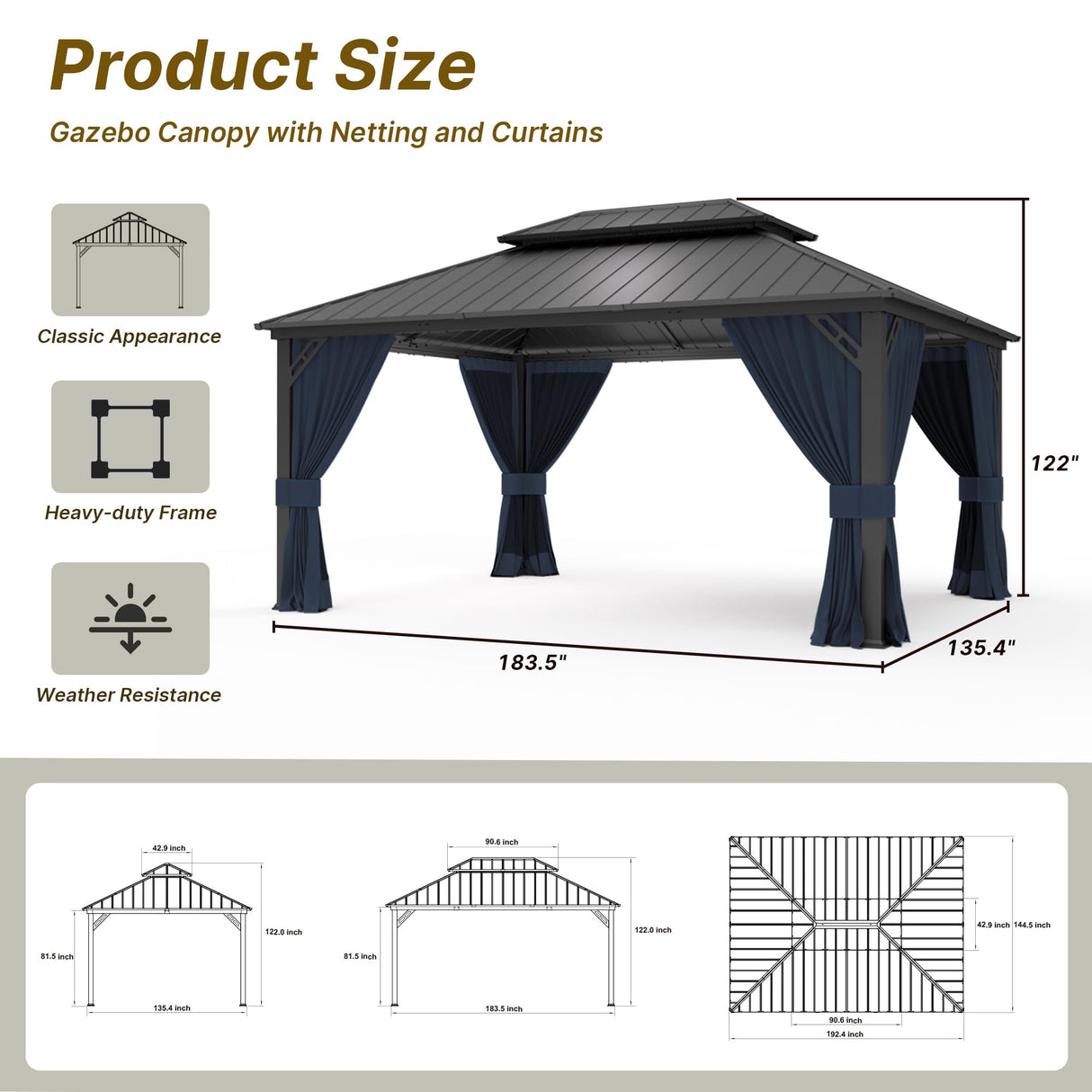 Gotland 2024 New 12' x 16' Hardtop Gazebo, Outdoor Iron Metal Double Roof Pergola with Curtains and Netting for Patio, Garden, Lawn, Navy Gotland