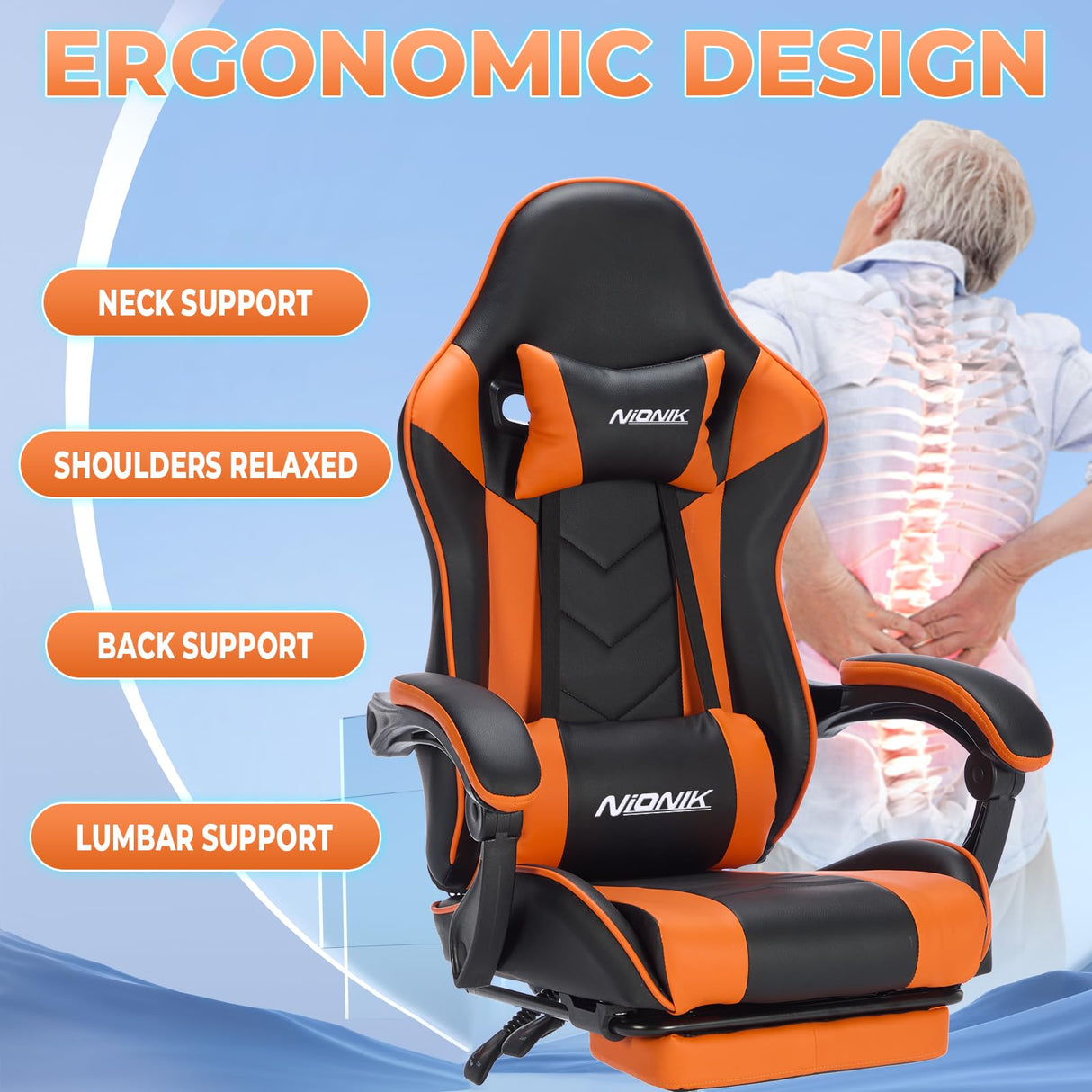 Gaming Chair with Footrest and Massage Lumbar Support, Ergonomic Computer Chair Height Adjustable with Swivel Seat and Headrest, Video Game Chair Swivel Computer Recliner for Adults NIONIK