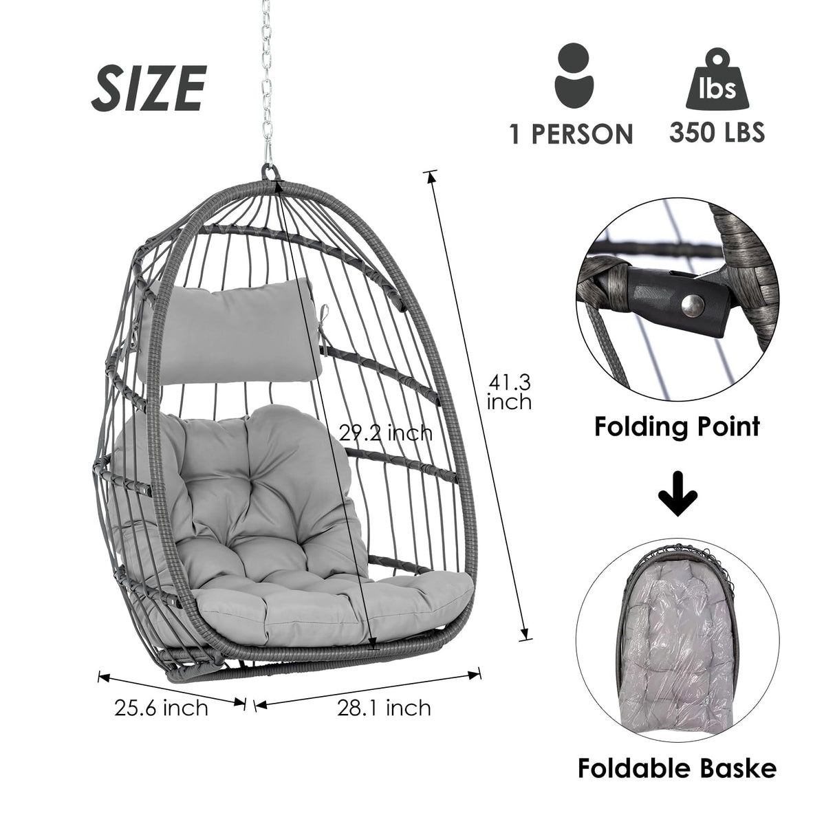 Hanging Egg Chair Without Stand - Foldable Indoor Outdoor Wicker Rattan Swing Egg Chair with Hanging Chain Hammock Chair - UV Resistant Cushions & Aluminum Frame for Bedroom Patio Camping (Grey) XIAO WEI