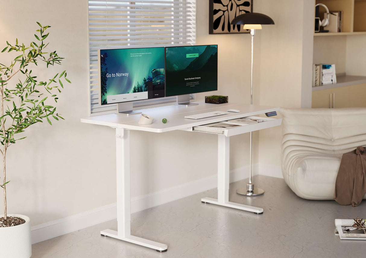 YDN Standing Desk with Drawers, 55 x 24 Inch Electric Adjustable Height Stand Up Desk, Sit Stand Computer Desk for Home Office, White YDN
