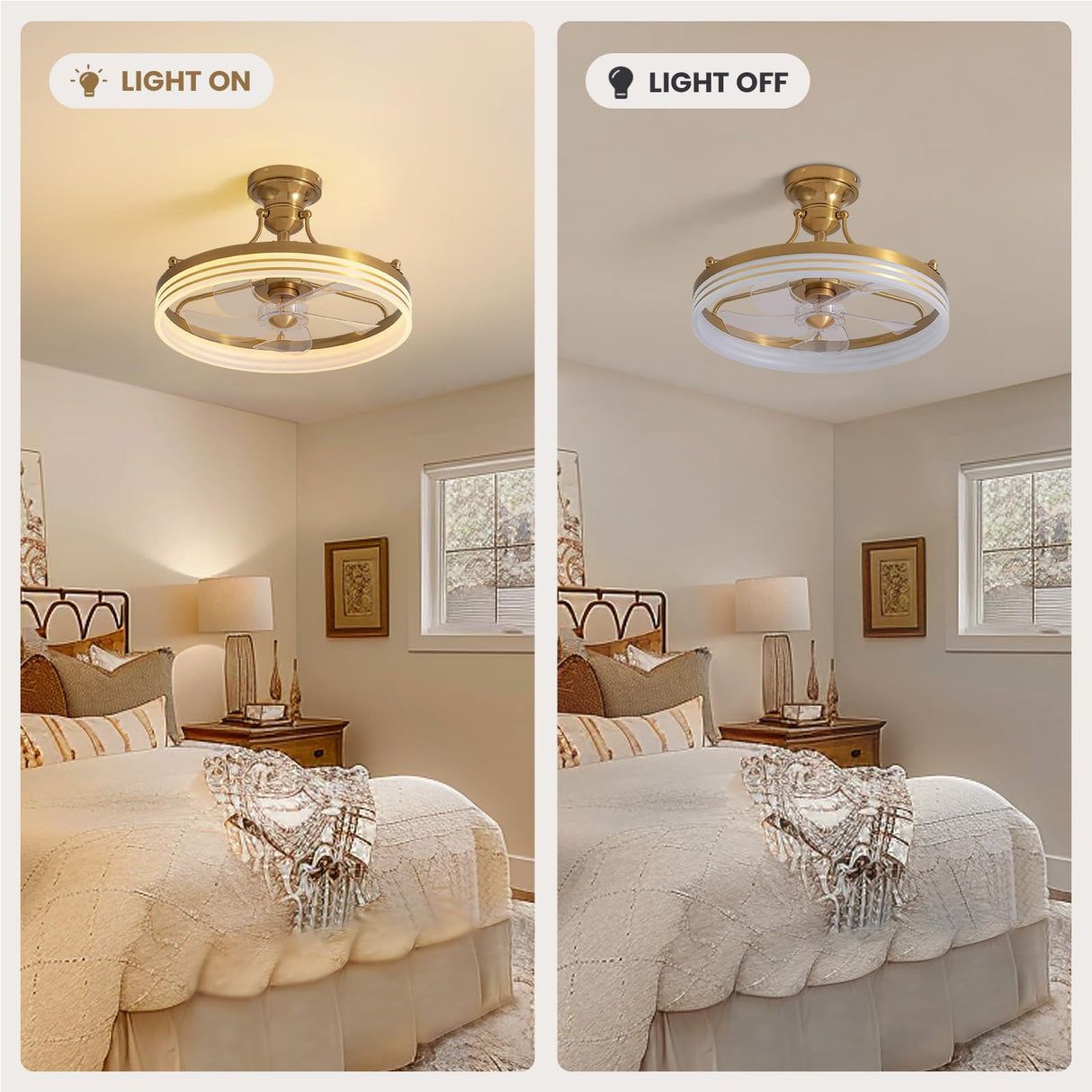 Moooni 20" Ceiling Fan with Light Remote Control Gold Ceiling Fan with Light, 6 Wind Speeds Flush Mount Fandelier, Low Profile LED Ceiling Fan, Modern Ceiling Fan for Bedroom Living Room Kitchen Moooni