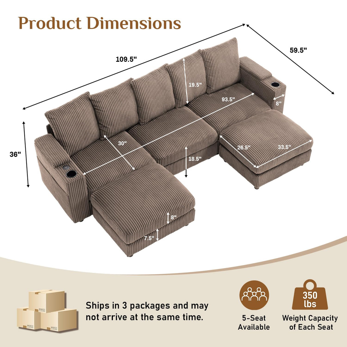 110" Oversized Cloud Couch U Shaped Modular Sectional Sofa L Shaped Sectional Couches for Living Room Comfy Corduroy Cloud Sofa with Ottoman, USB Port, Cup Holder, Armrest Storage, Side Pocket, Brown ONEMMLION