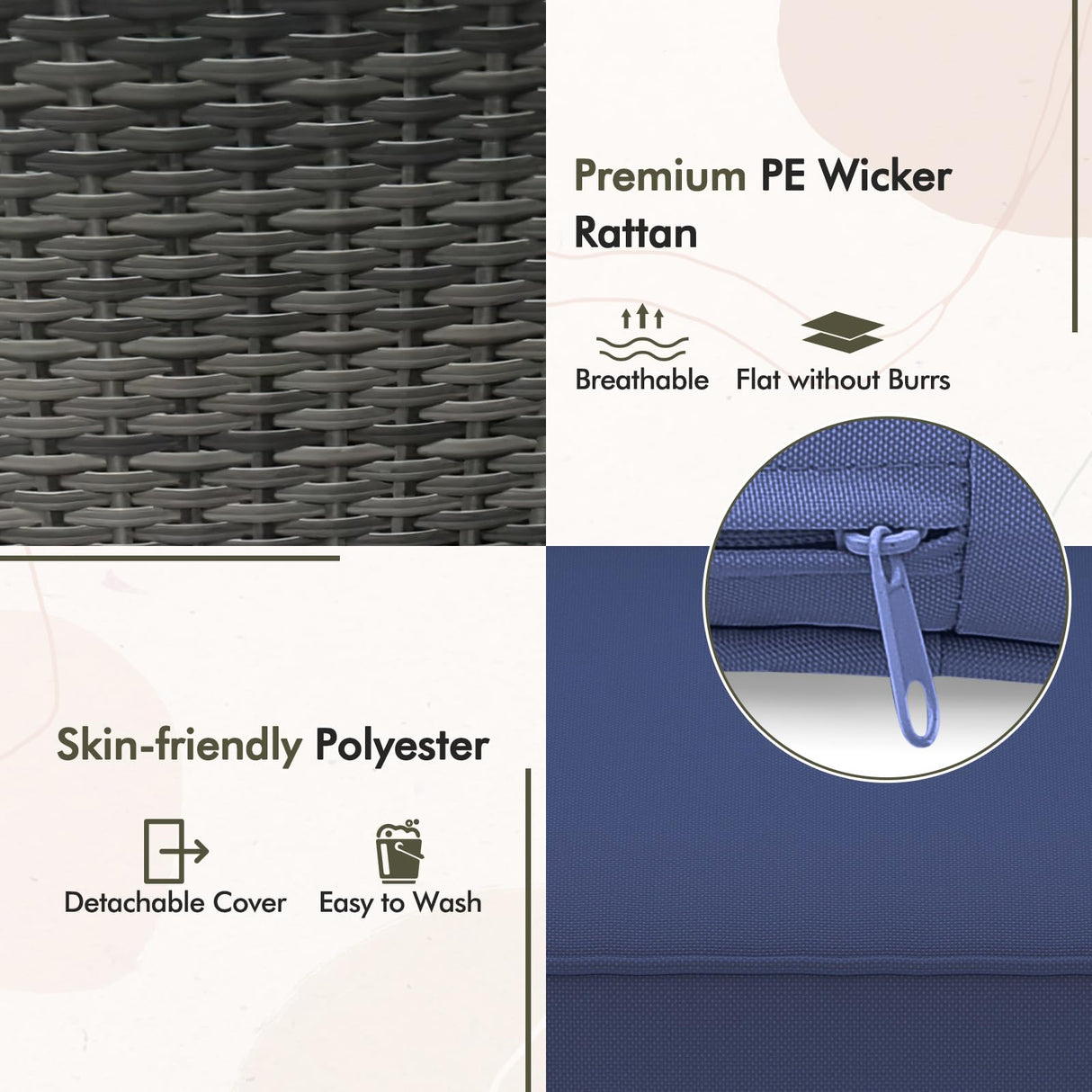 Tangkula 3-Piece Patio Furniture Set, PE Wicker Conversation Bistro Set w/A Tempered Glass Table & 2 Cushioned Chairs, Outdoor Table & Chairs Set for Patio Porch Yard Garden (Mix Gray+Navy) Tangkula