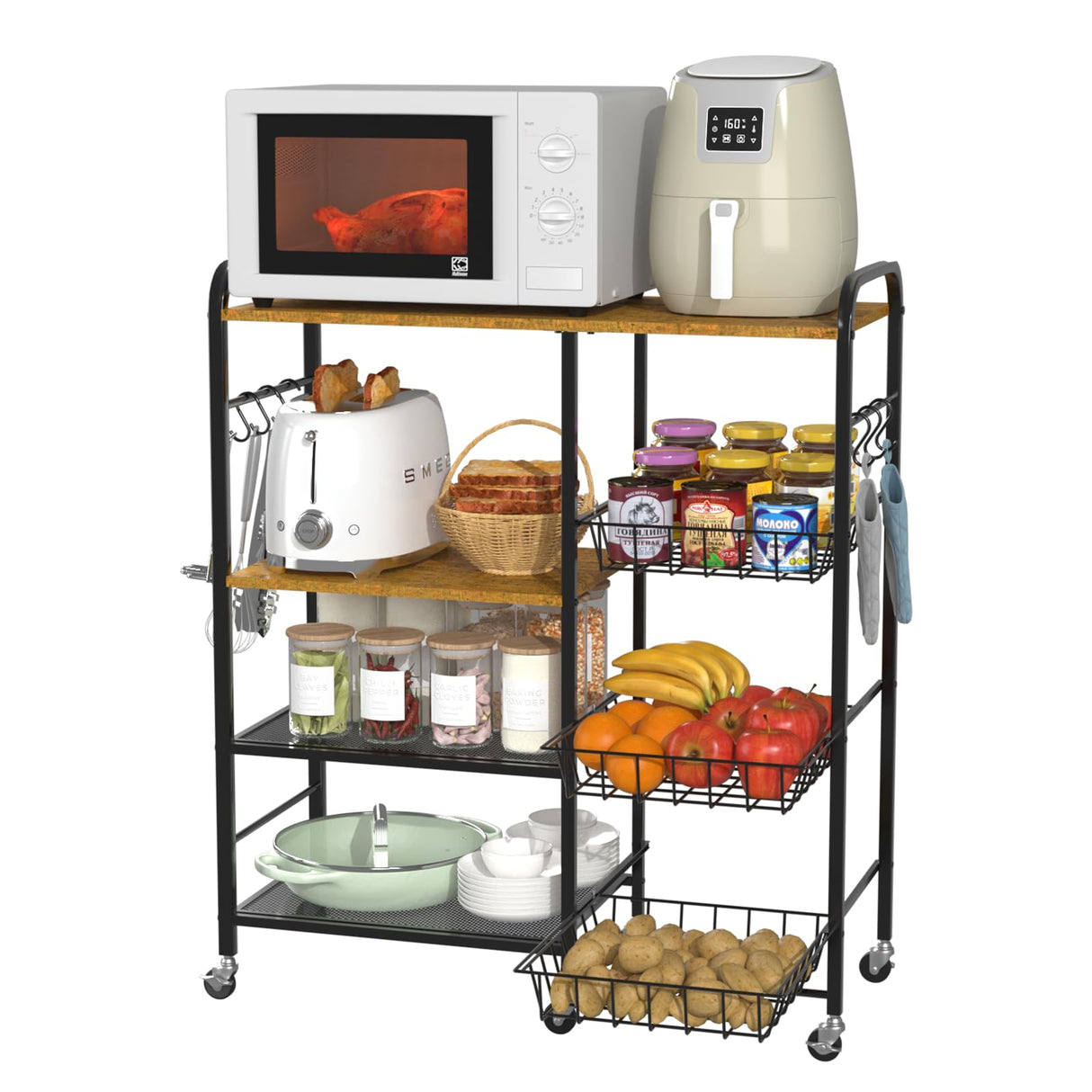 HapiRm Rolling Kitchen Microwave Cart - 4 Tier Microwave Table Stand with Pull-Out Baskets, Coffee Bar Baker's Rack with Wheels Rolling Storage Cart Organizer Shelf for Living Room Office, Balcony HapiRm
