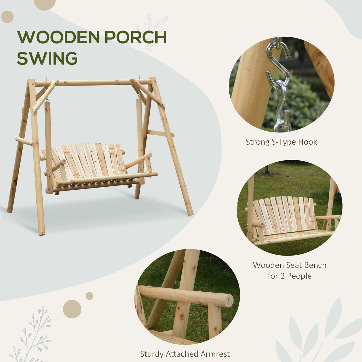 Outsunny 2-Seat Porch Swing with Stand, Wooden Patio Swing Chair Bench, for Garden, Poolside, Backyard, Natural Outsunny