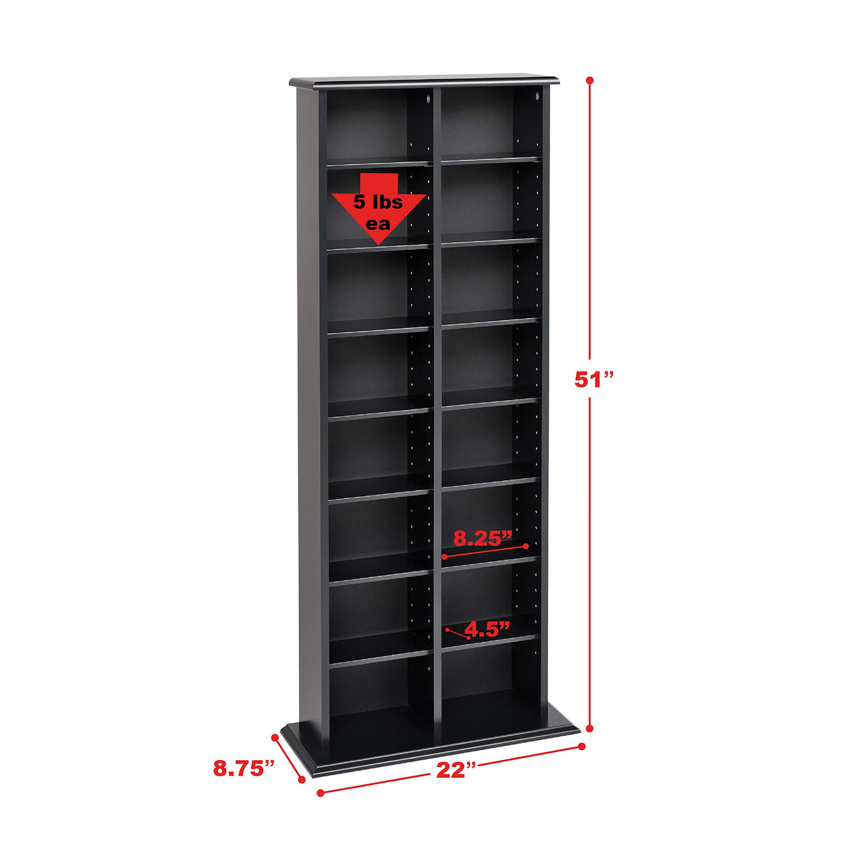 Prepac 2 Column Tall Cabinet Media Storage, 22" Wide, Black Prepac