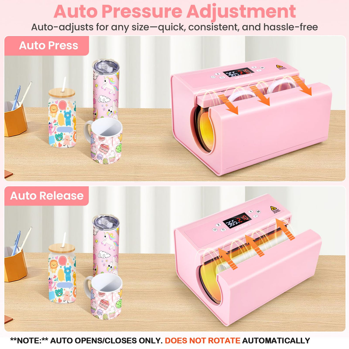 Whubefy Auto Tumbler Heat Press, 20oz 30oz 15oz Mug Press Sublimation Machine Heat Up Fast & Even,Automatic Tumbler Press Machine for 2.95-3.34inch Sublimation Tumblers Cups (Auto Cup Press-Pink) Whubefy