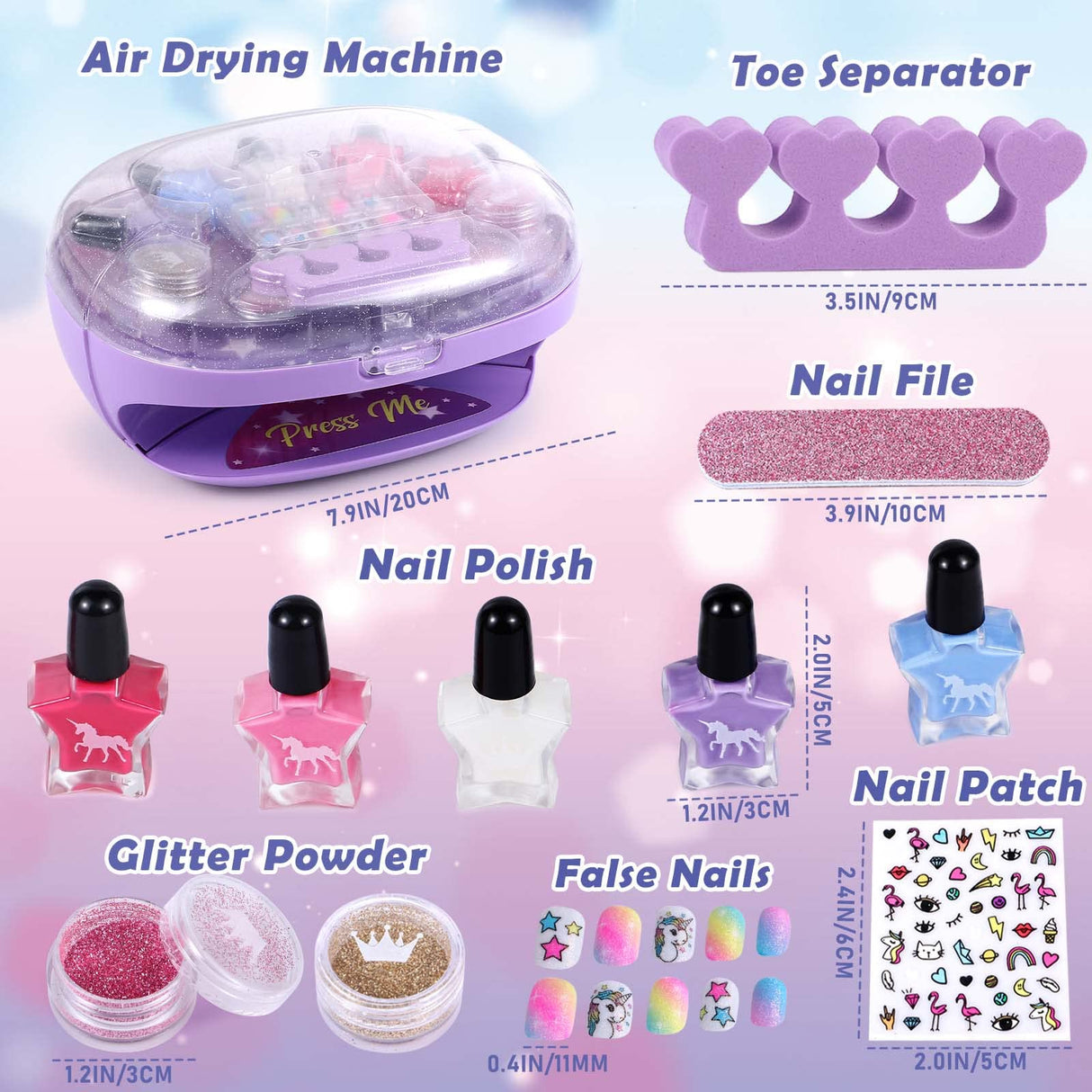 Golray Kids Nail Polish Set for Girls, All-in-One Nail Art Kit - Dryer/ Glitter Powder/ False Nails/ Nail Decals/ Toe Separator/File, Age 3-12 Little Girl Gift Toys Golray