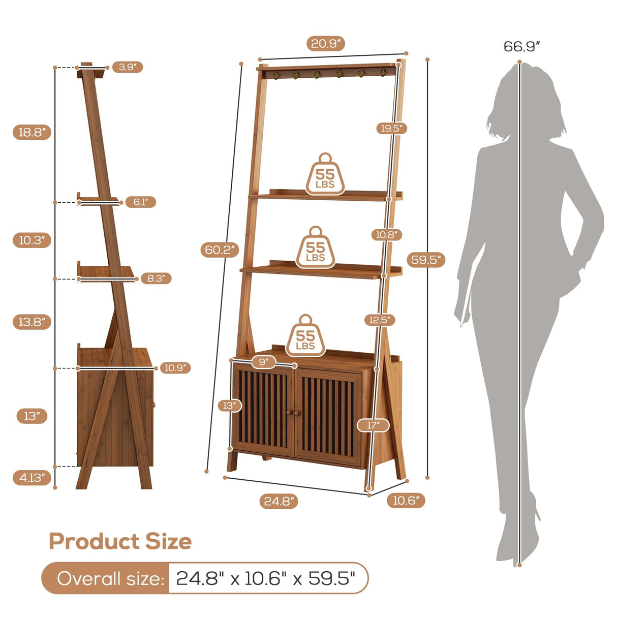 Bookcase with Drawers, 4-Tier Bamboo Bookshelf Ladder Shelf with 6 Hooks, Tall Narrow Retro Book Shelf, 24.8"L x 10.6"W x 59.5"H, Standing Storage Organizer for Living Room, Office, Bedroom, Walnut oakvivo