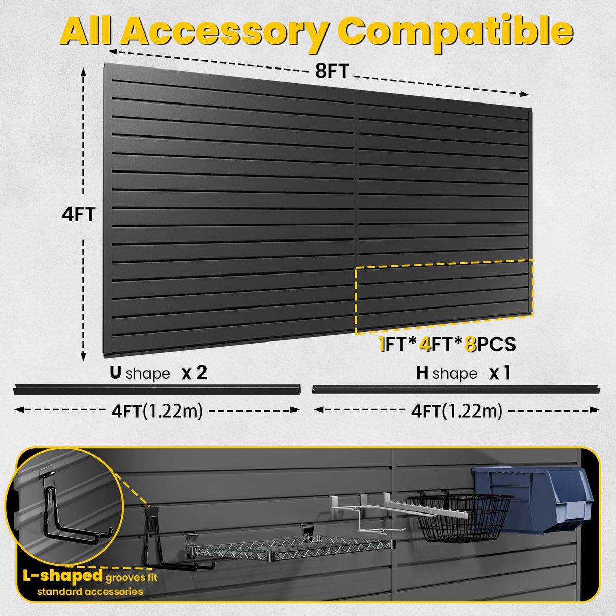 AQOVOR Slat Wall Paneling 4x8 FT, PVC Slat Wall Panels Heavy-Duty Garage Organization System with Hooks & Accessories, Slatwall Pegboard Suitable for Home、Garage、Shop Display & Organization (Black) AQOVOR