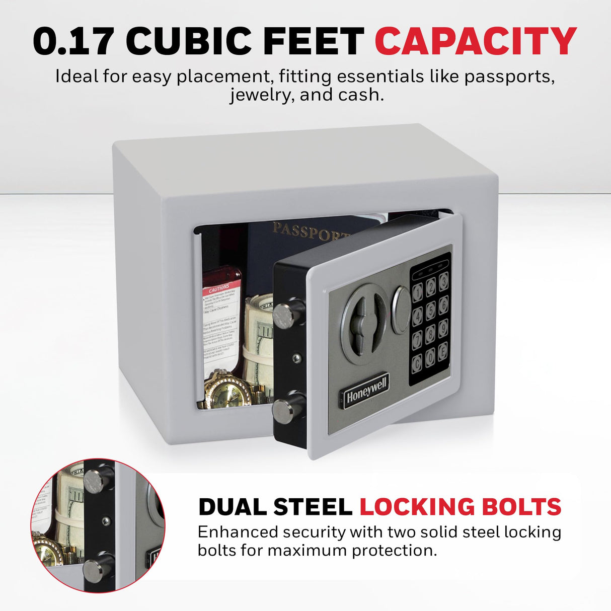 Honeywell Safes & Door Locks - Bolt Down Small Safe Box with Digital Lock for Home - Steel Security Electronic Lock Box - Cabinet & Door Design Safe with 2 Keys - 0.17-Cubic Feet - White - 5005W Honeywell Safes & Door Locks