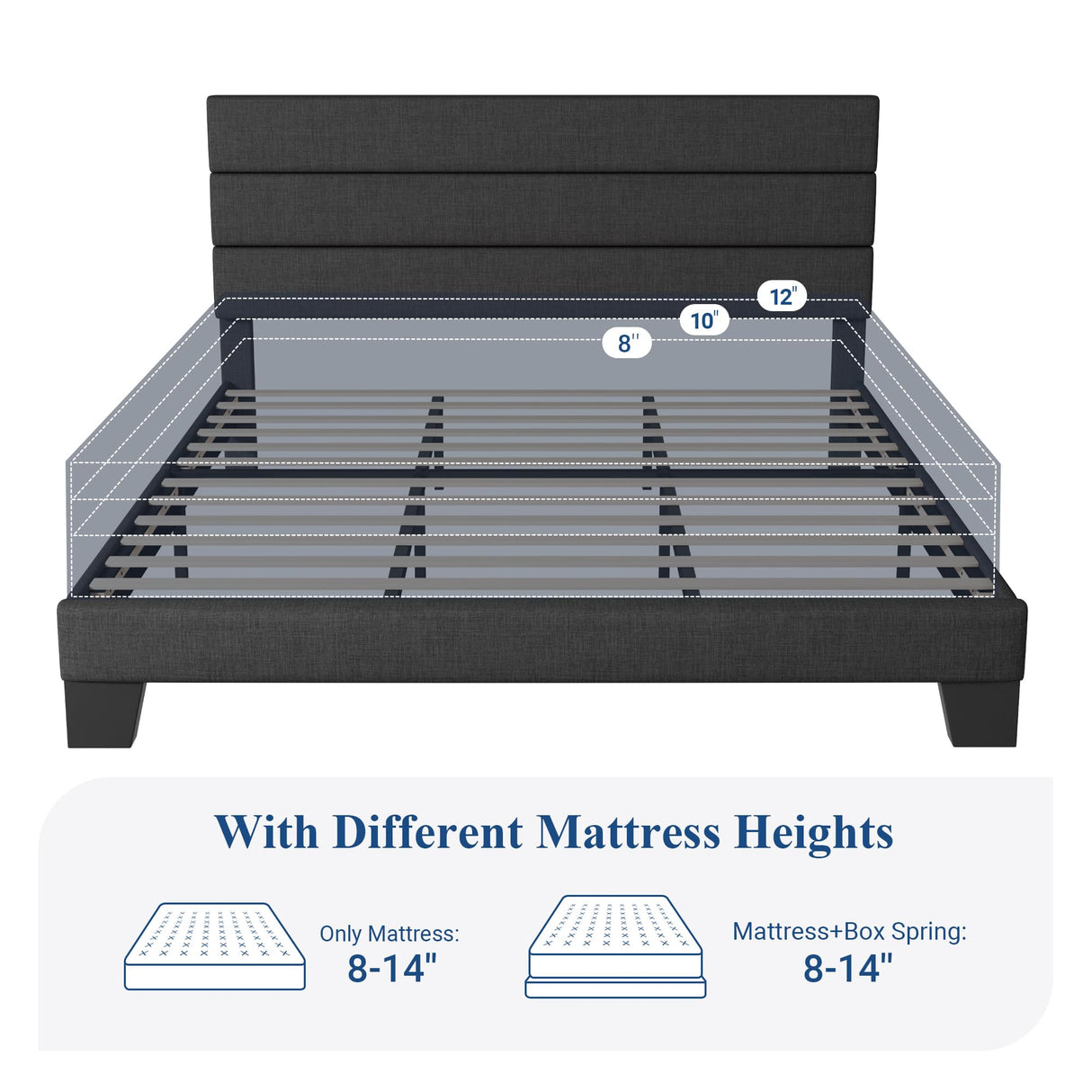 Allewie Dark Grey King Size Platform Bed Frame with Upholstered Headboard and Wooden Slats Allewie