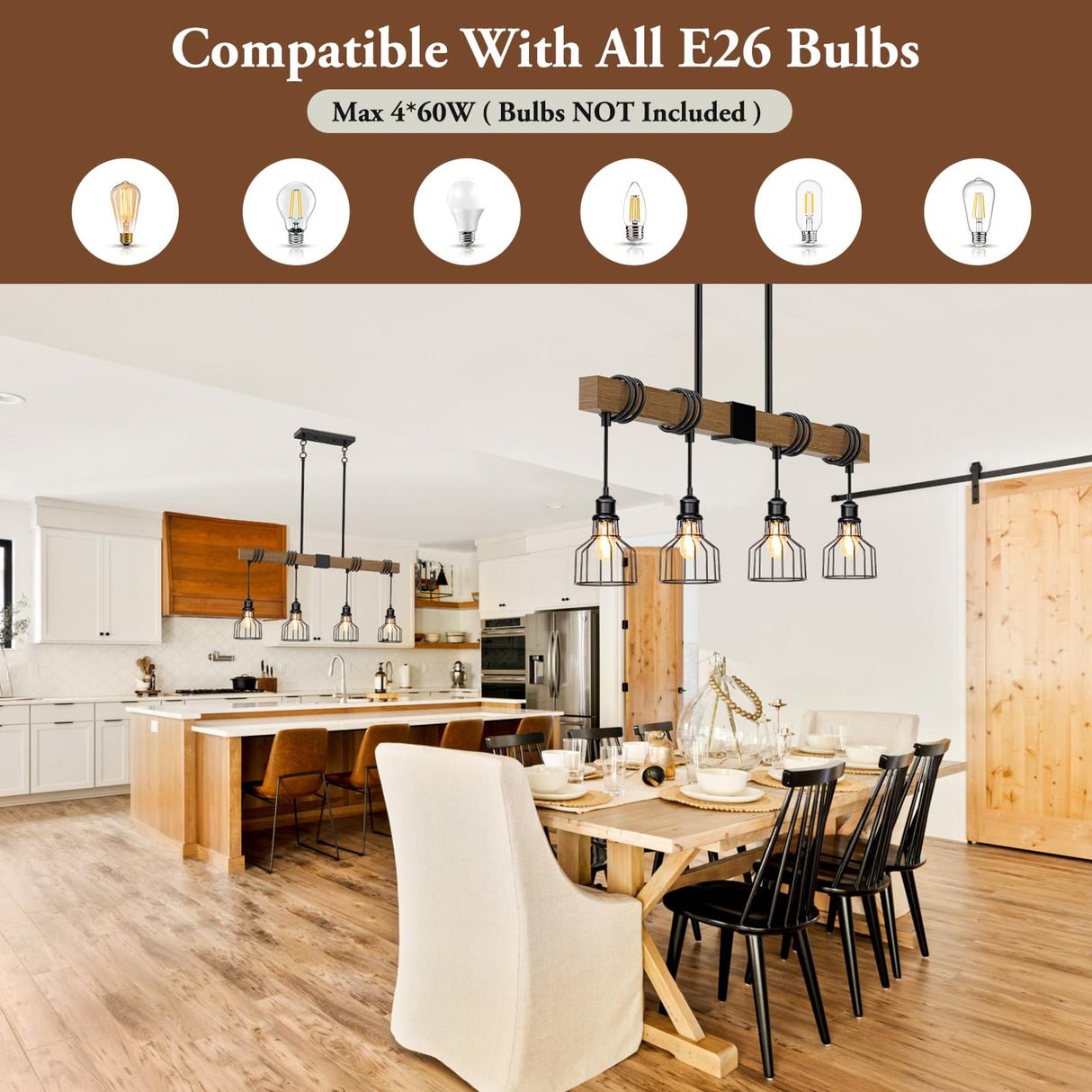 4-Light Kitchen Island Lighting, 63" Adjustable Height Pendant Light Fixtures Black Metal & Rustic Wood Modern Dining Room Chandelier Over Table with E26 Base for Farmhouse Bar SIAFAVOI