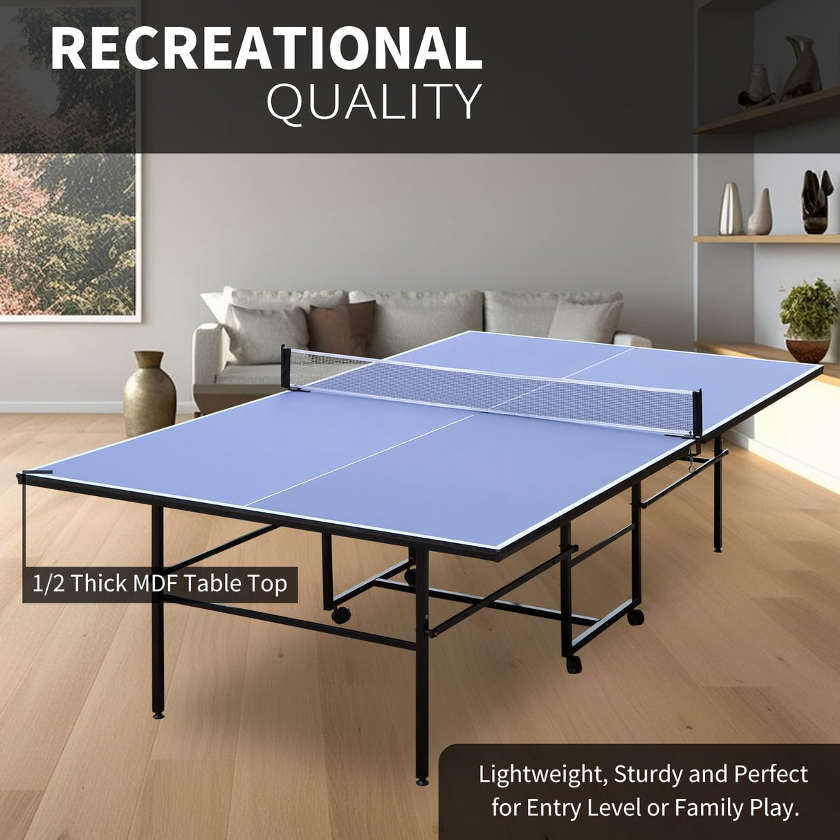 Professional Table Tennis Table, Foldable Ping Pong Game Set for Indoor, 8FT 9FT Single Player Playback Mode Ping Pong Table with Net and Post Set, 2 Paddles and 3 Balls (Blue-9FT) Generic