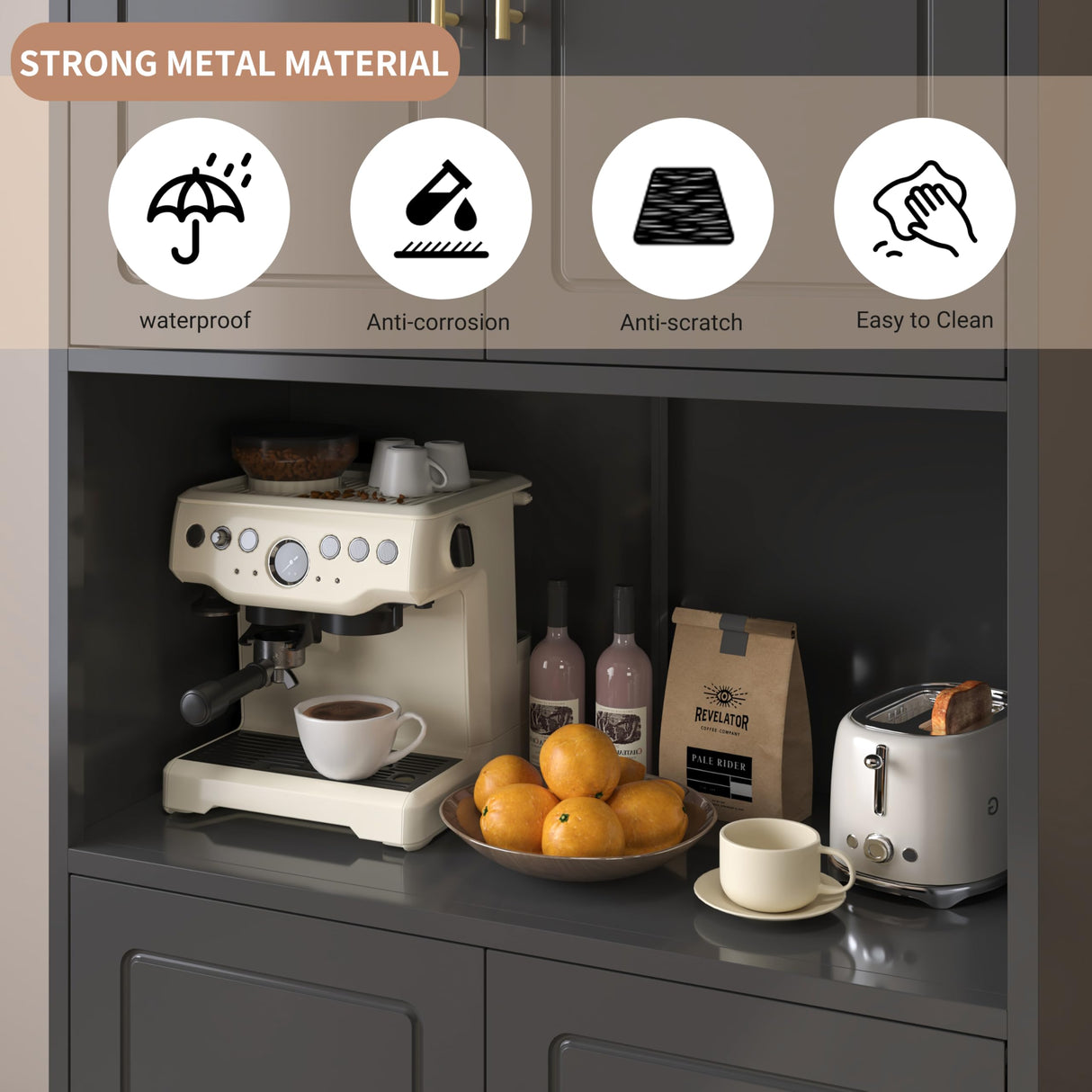 Polup Kitchen Pantry Cabinet, 75" H Kitchen Hutch with Microwave Stand, Food Cupboard with Countertop, Metal Storage Cabinet with Doors and Shelves for Living & Dining Room, Black - Assemble Required Polup