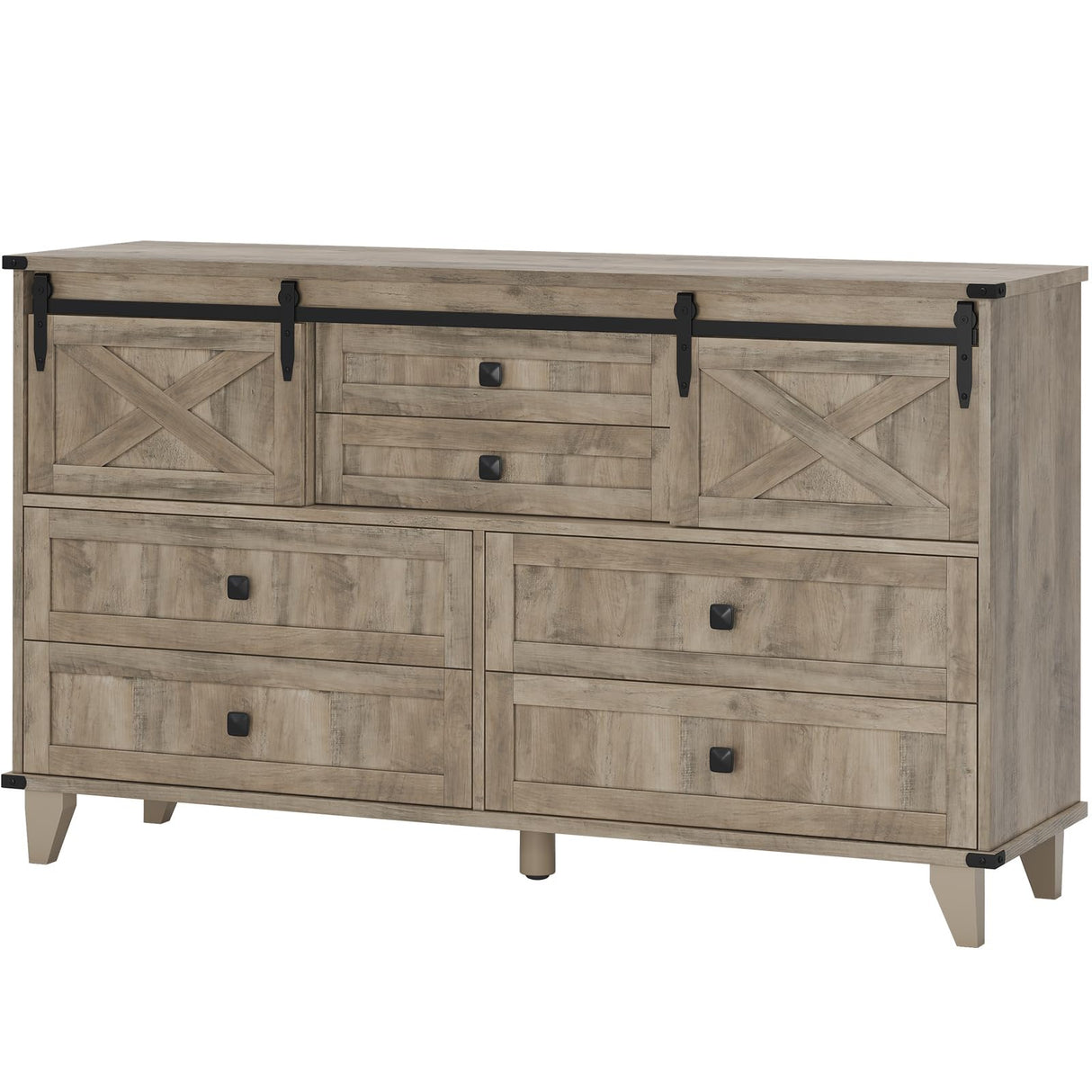 Hasuit Farmhouse 6 Drawers Dresser for Bedroom, Retro Chest of Drawers with Sliding Barn Door, Bedroom Long Storage Dressers Organizer, Rustic Oak Hasuit