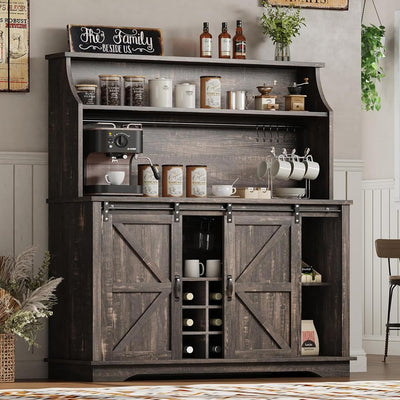 47" Farmhouse Coffee Bar with 3-Tier Storage, Kitchen Hutch with 12 Wine Racks & 3 Glass Holders, Coffee Hutch Cabinet with 6 Hooks, Wine Bar Cabinet for Kitchen, Dining Room, Living Room, Rustic Oak