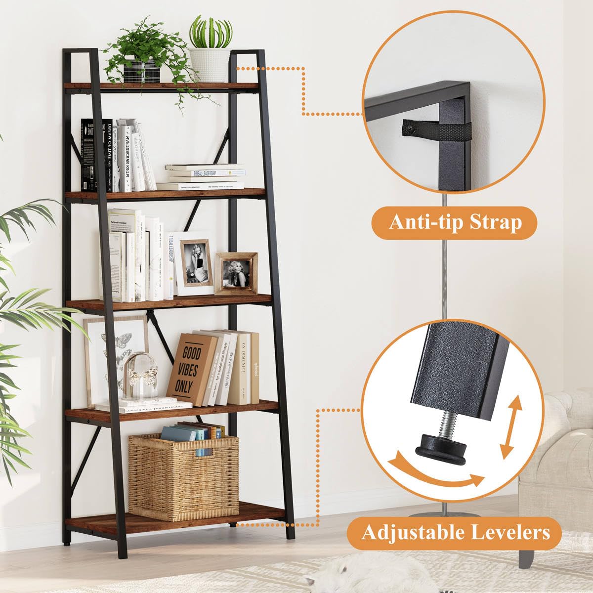 BON AUGURE Rustic Oak 5-Tier Industrial Ladder Shelf Bookcase BON AUGURE