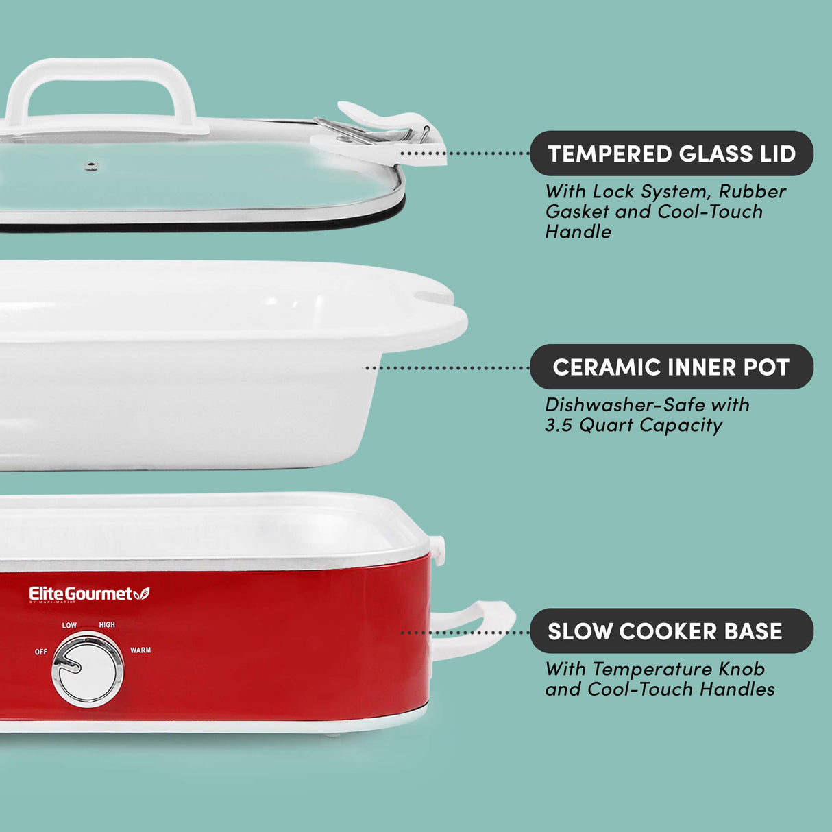 Elite Gourmet MST-5240 Casserole Crock Slow Cooker, Locking Lid Adjustable Temperature Keep Warm Oven & Dishwasher-Safe Casserole Pan, 3.5Qt Capacity, Red Elite Gourmet