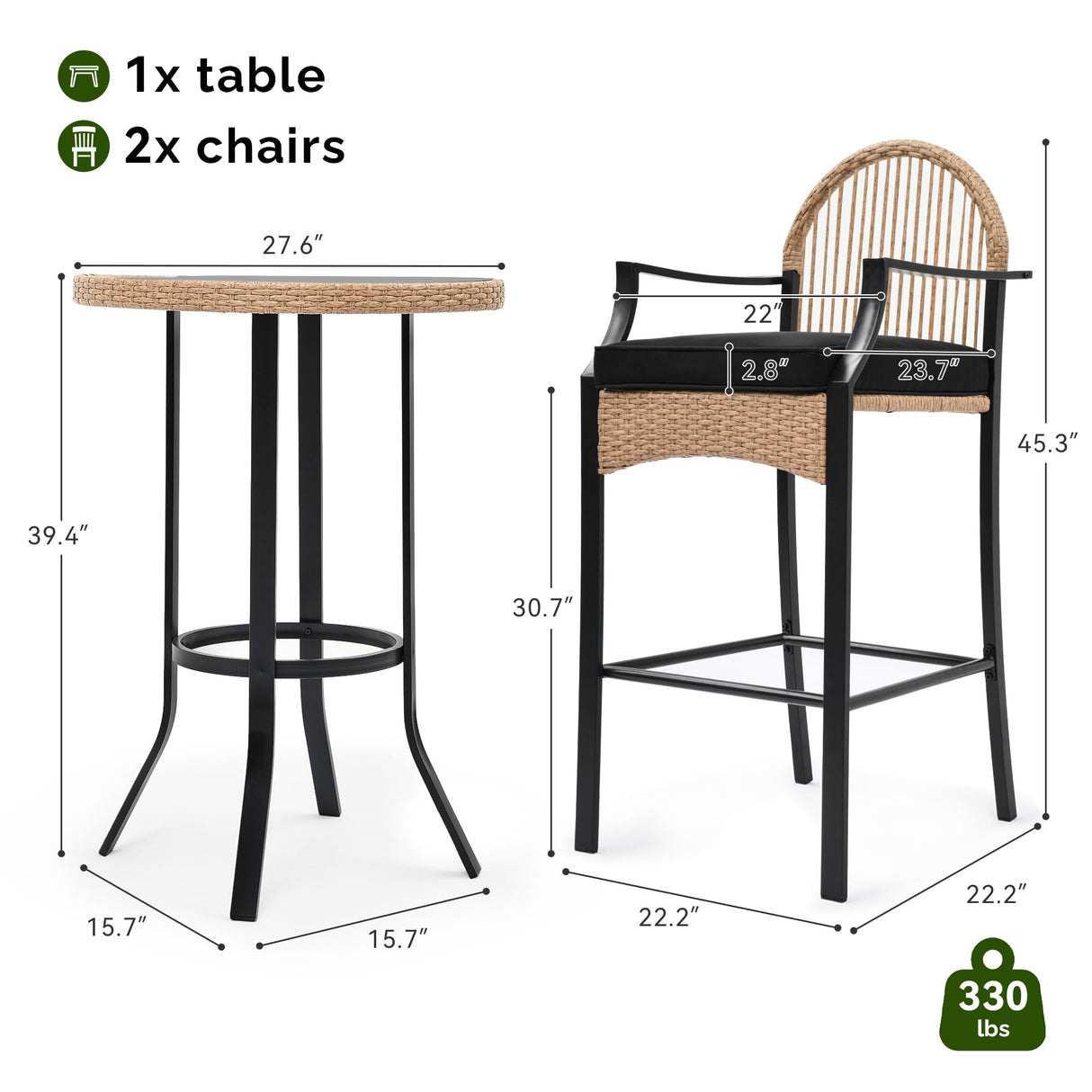 YITAHOME 3-Piece Outdoor Wicker Bar Height Set with Cushioned Barstools, Patio Bistro Furniture for Balcony and Poolside, Black+Light Yellow YITAHOME