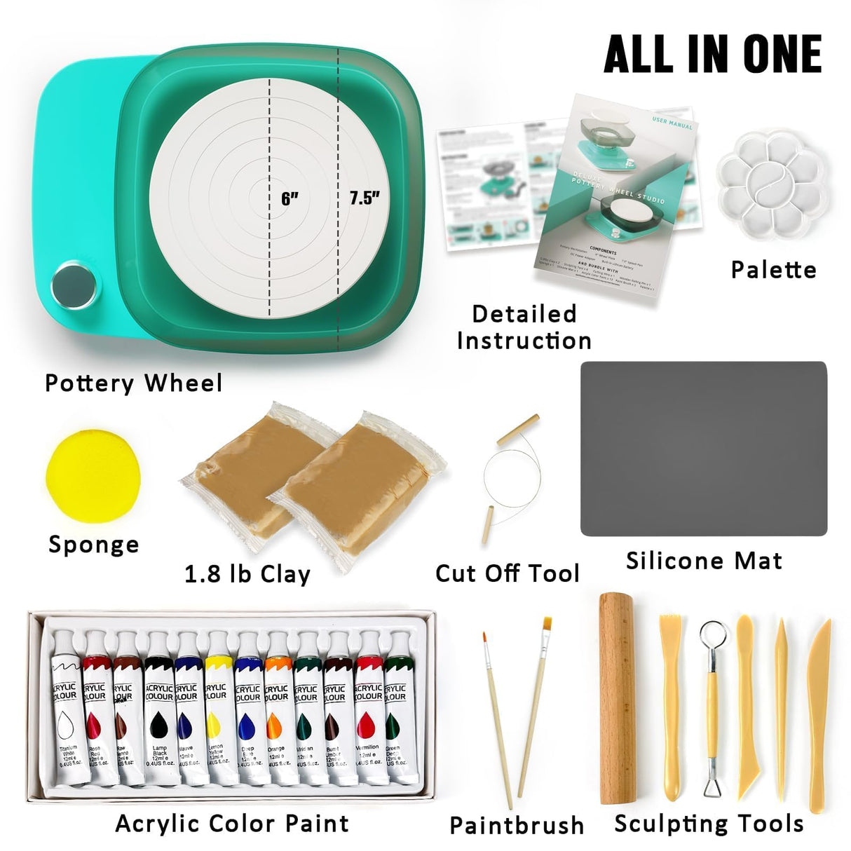 Pottery Wheel for Adults Beginners Kids - 6" Variable Speed Pottery Wheel Tool Kit, RPM Speed Adjustable with Rechargeable Battery, 1.8 Lb Air Dry Clay, Art Supplies, Crafts for Adults Teenager Insnug