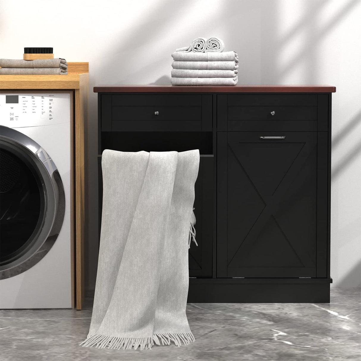 Betterhood Double Tilt Out Trash Cabinet 20 Gallon Wooden Free Standing Laundry Sorter Cabinet,Recycling Cabinet with Hideaway Drawer,Tilt Out Trash Cabinet Can Bin Kitchen (Black) Betterhood