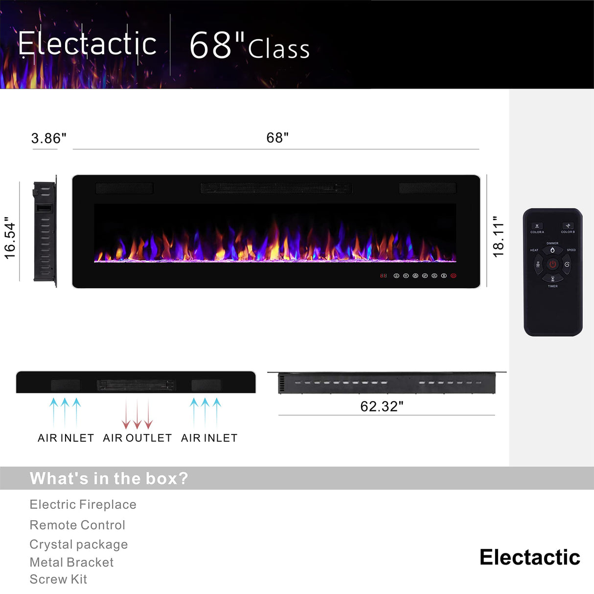 Electactic 68 inches Electric Fireplace Recessed and Wall Mounted Heater and Linear Fireplace, with Timer, Remote Control, Adjustable Flame Color, 750w/1500w, Black Electactic