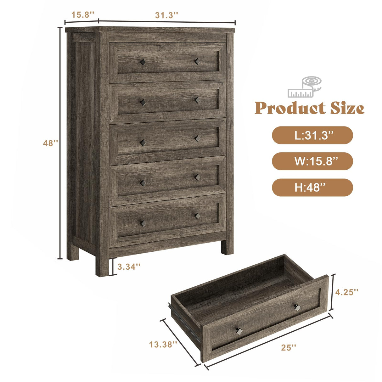 AMERLIFE 5 Drawers Dresser for Bedroom, Farmhouse Wooden 47" Tall Dresser for Closet, Natural Texture Chest of Drawers for Bedroom, Living Room, Hallway and Entryway, Rustic Grey AMERLIFE