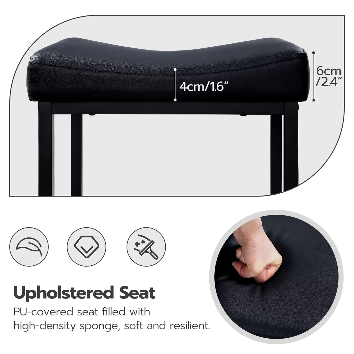 HOOBRO Bar Stools, Set of 2 Bar Chairs, Counter Height Stools, Saddle Stools with Curved Surface, Kitchen Stools, 24.8 Inches, 2.4" Thick Upholstery, for Kitchen, Dining Room, Cafe Black BB10BY01 HOOBRO