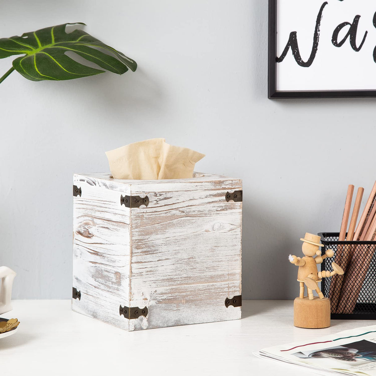 Distressed Farmhouse Square Solid Wood Tissue Box Cover with Slide-Out Bottom Panel Honey Brown Tissue Box Holder for Bathroom Living Room Dining Room Bedroom Toilet (Washed White) canwedance