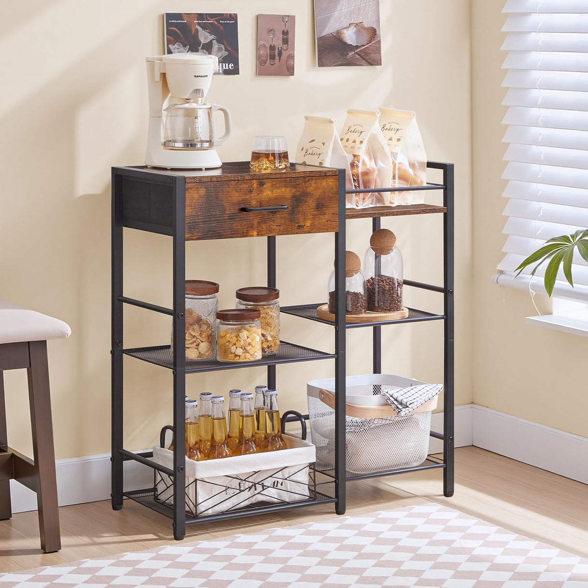 HOOBRO Coffee Bar Cabinet, Farmhouse Coffee Stand Station, 6 Tiers Kitchen Station Table with Drawer, Kitchen Bar Table for Small Space, Buffet Sideboard Cabinet with Storage, Rustic Brown BF77KF01 HOOBRO