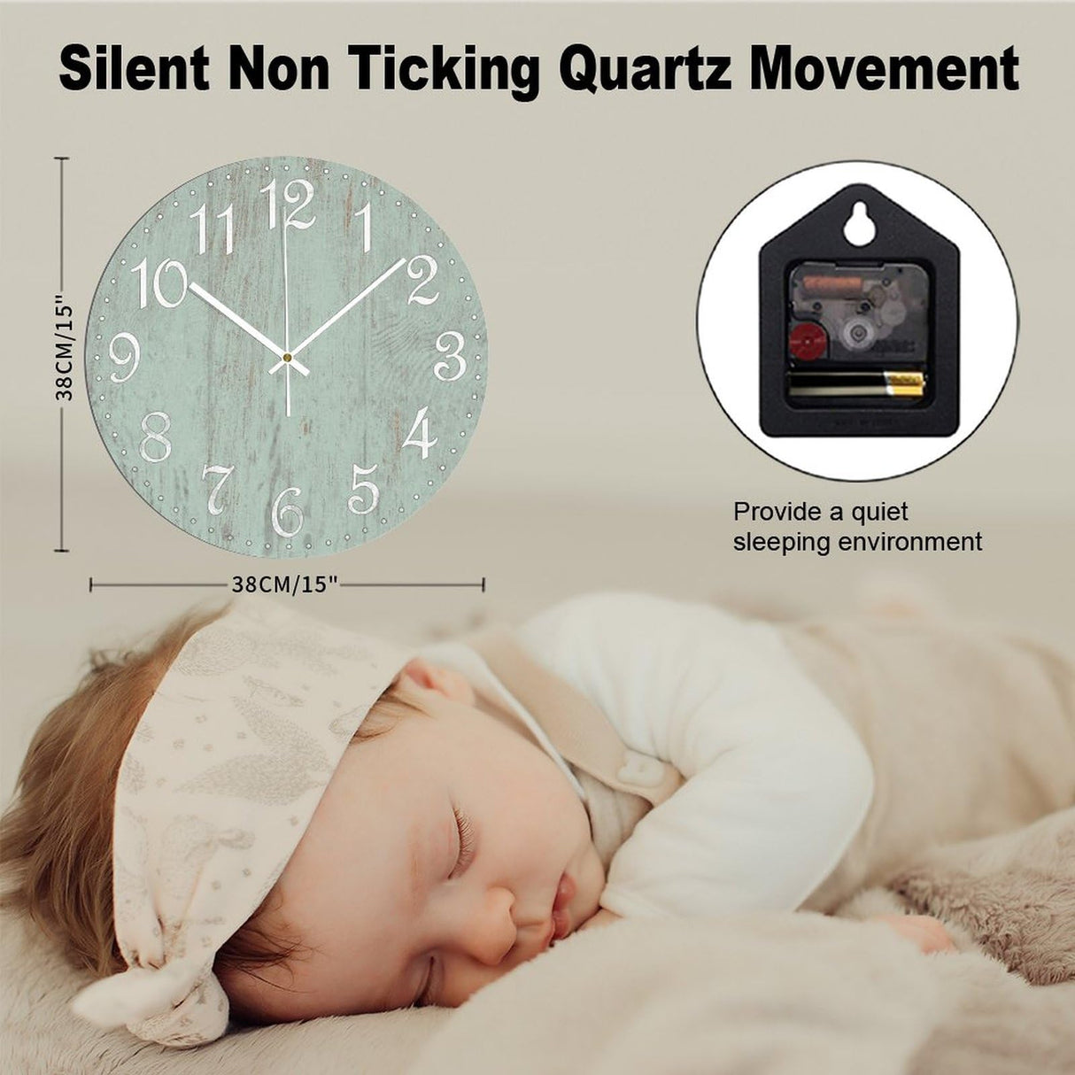 COCOKEN Wall Clock Silent Non Ticking Wooden Clocks Seafoam Green Clock Battery Operated 15in, Round Farmhouse Clock, Rustic Clocks Decor for Home Kitchen Office COCOKEN