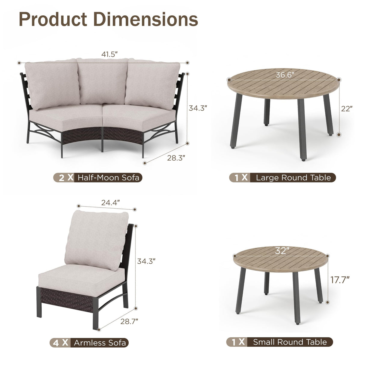 PHI VILLA Outdoor Patio Furniture Set 10 Piece, Half-Moon Sectional Patio Conversation Sets for 8 Persons with 2 Round Table for Garden, Poolside, Balcony, Backyard PHI VILLA