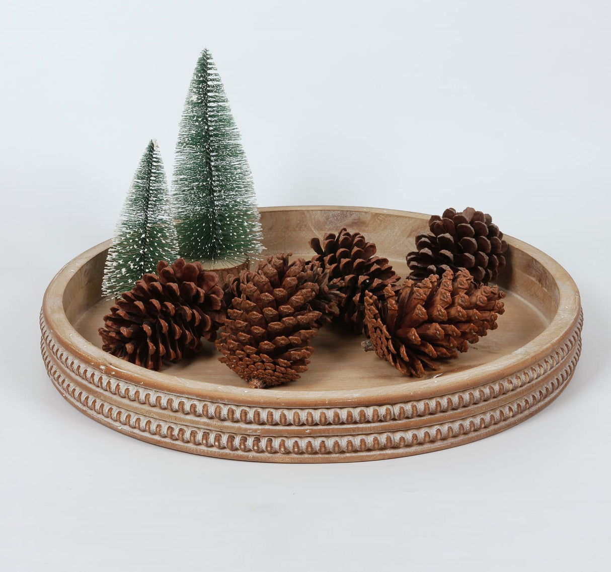 Carah & Cossh Round Wooden Serving Tray, Whitewashed Round Decorative Wood Tray, Round Farmhouse Rustic Decorative Tray, Perfect for Storage and Display (Brown) Carah & Cossh