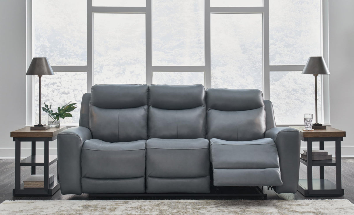 Signature Design by Ashley Mindanao Contemporary Leather Match Upholstered Power Reclining Sofa with Adjustable Headrest and USB Ports, Gray Signature Design by Ashley