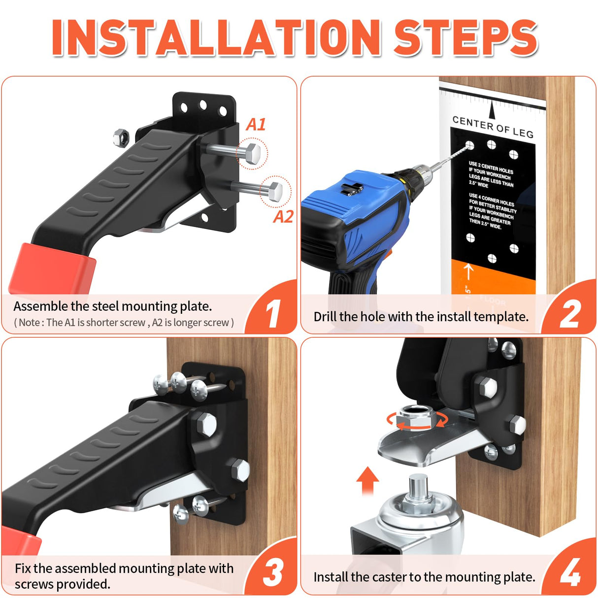 SPACEKEEPER Workbench Casters kit 660 Lbs - Retractable Casters Heavy Duty Bench Caster Wheels Designed for Workbenches Machinery & Tables, 4 Pack SPACEKEEPER