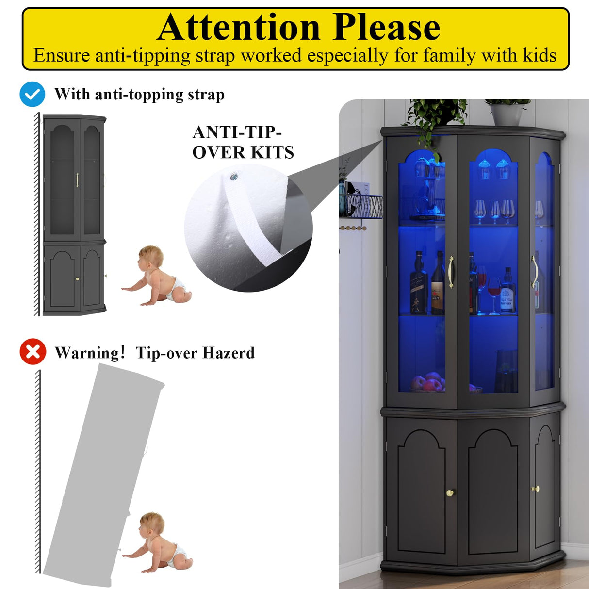 Gyfimoie Corner Bar Cabinet w/LED Lights, Tall Modern Wine Cabinet with Tempered Glass Door & Adjustable Shelves, Home Bar Liquor Storage Cabinet with Glass Rack for Living Room, Dining Room (Black) Gyfimoie