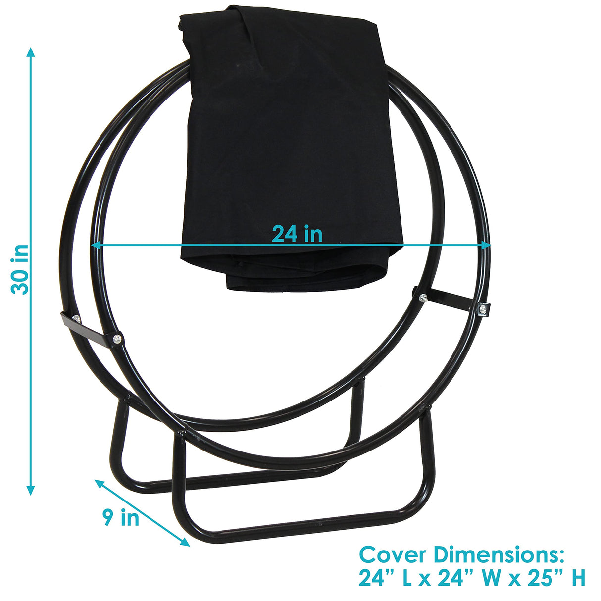Sunnydaze Outdoor Firewood Log Rack Hoop and Cover Set - Powder-Coated Steel Round Firewood Rack and PVC Cover - Black - 24-Inch Sunnydaze
