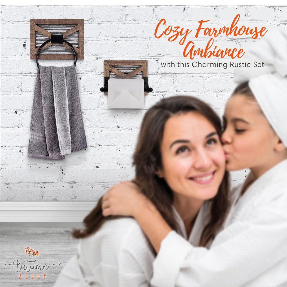 Autumn Alley Farmhouse Toilet Paper Holder and Rustic Towel Holder Set, Wall Mount, Rustic Wall Toilet Paper Holder and Bathroom Hand Towel Holder Decor, Wooden Brown Autumn Alley