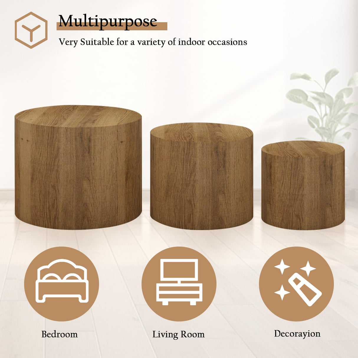 Vikiullf Nesting Coffee Table Set of 3, Round Wooden Coffee Tables, Modern Circle Table for Living Room, Bedroom, Accent Side Table End Table, Saving Space Design and No Need Assembly Vikiullf