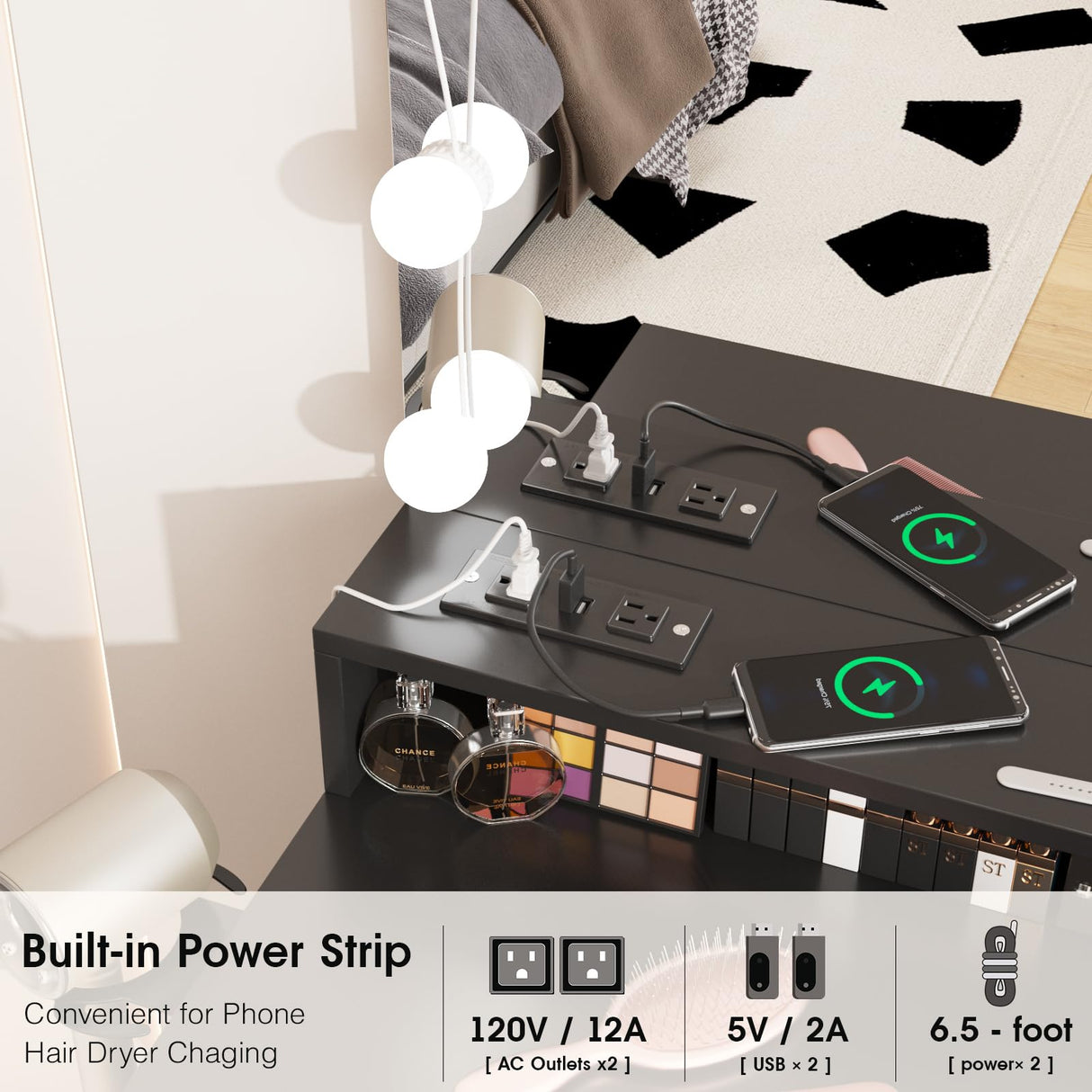 Fameill Makeup Vanity Table with Lighted Mirror & Charging Station, Black Vanity Set Vanity Desk with 3 Lighting Modes, Brightness Adjustable, 31.5in(W) Fameill