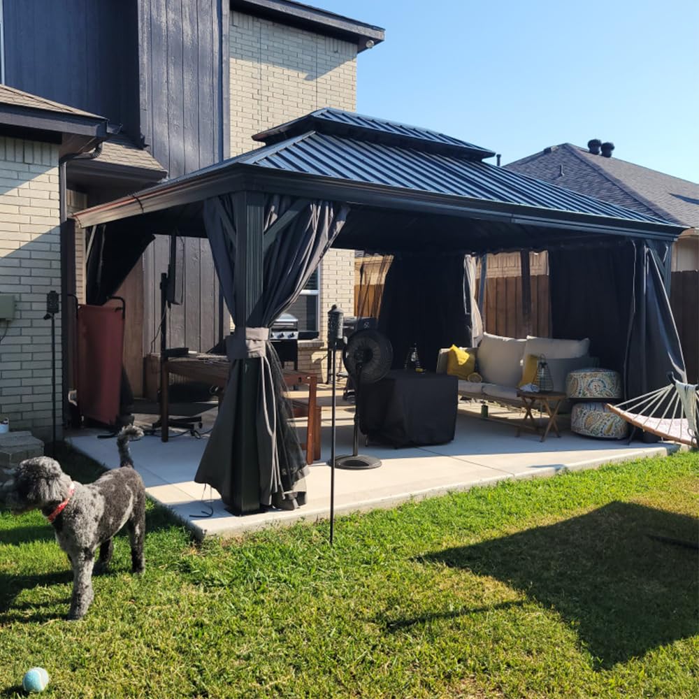 Domi 12' X 16' Hardtop Gazebo Outdoor Metal Gazebo with Galvanized Steel Double Roof Canopy, Aluminum Frame, Curtains and Netting for Patio, Deck, Garden, Grey domi outdoor living
