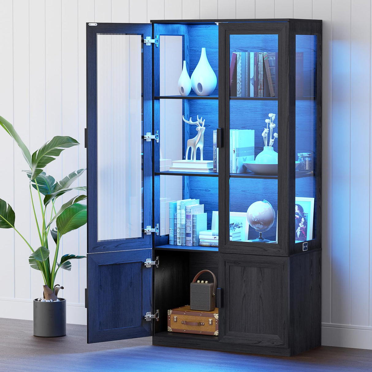 BROTTAR Display Cabinet with Glass Doors, Curio Cabinet with 3 Shelves, Bookcase with LED Lights, Storage Cabinet with Magnetic Lock & Buffer Hinge BROTTAR