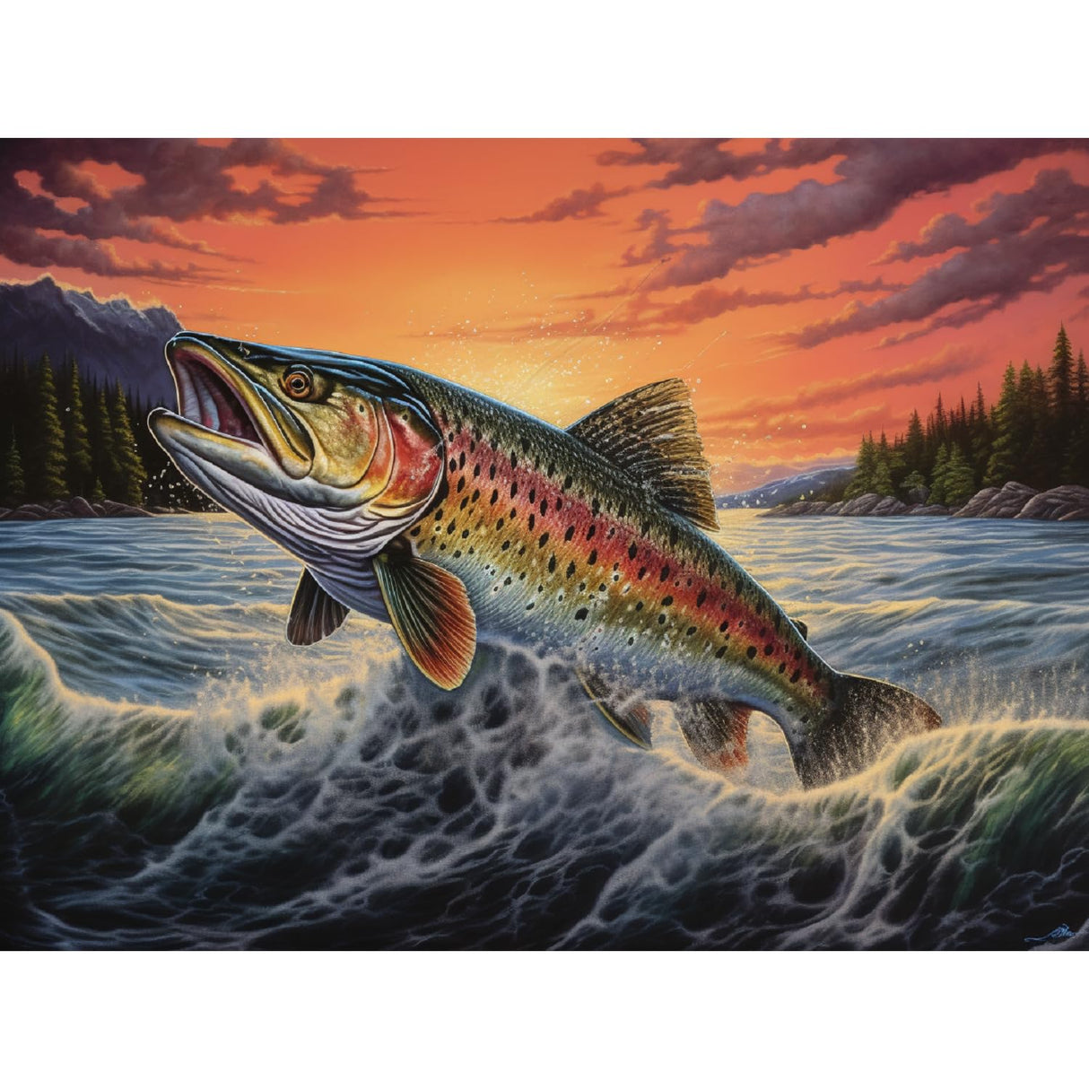 Trout Fish Jump from Water Sunset DIY 5D Diamond Art Painting by Number Kits for Adults Paint with Round Full Drill Diamond Gems Painting Art Craft for Home Wall Decor 11.8x15.8in(1) Generic