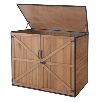 Joyqinchen Outdoor Storage Shed with Strong Metal Frame, Wooden Garden Sheds with Adjustable Shelves and Removable Floor, Weatherproof Outdoor Trash Can Shed, Horizontal Storage Cabinet for Patio